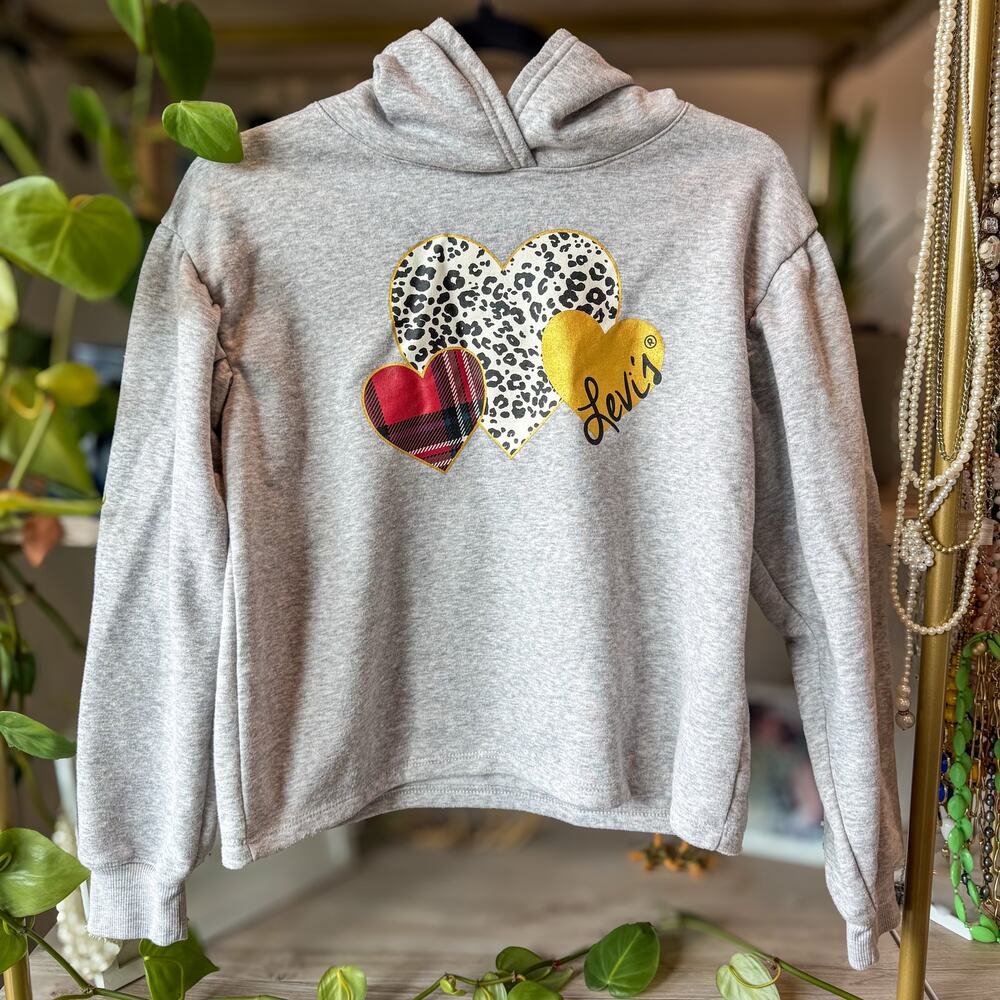 Levi's Girls Gray Heart Boxy Crop Hoodie Leopard Plaid Gold Logo Youth XL/13-15Y